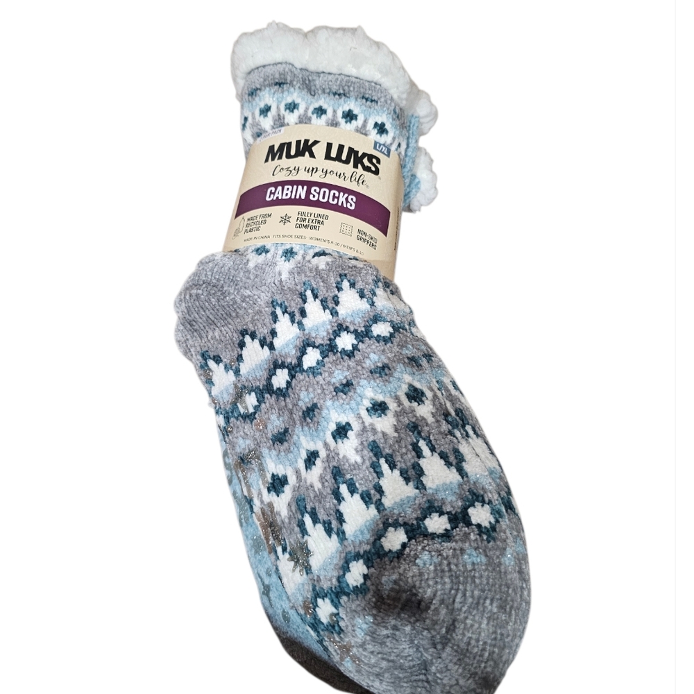 Muk Luks Cabin Socks L/XL Cozy Fleece Lined Non Skid Winter Slipper Socks 2 Pair